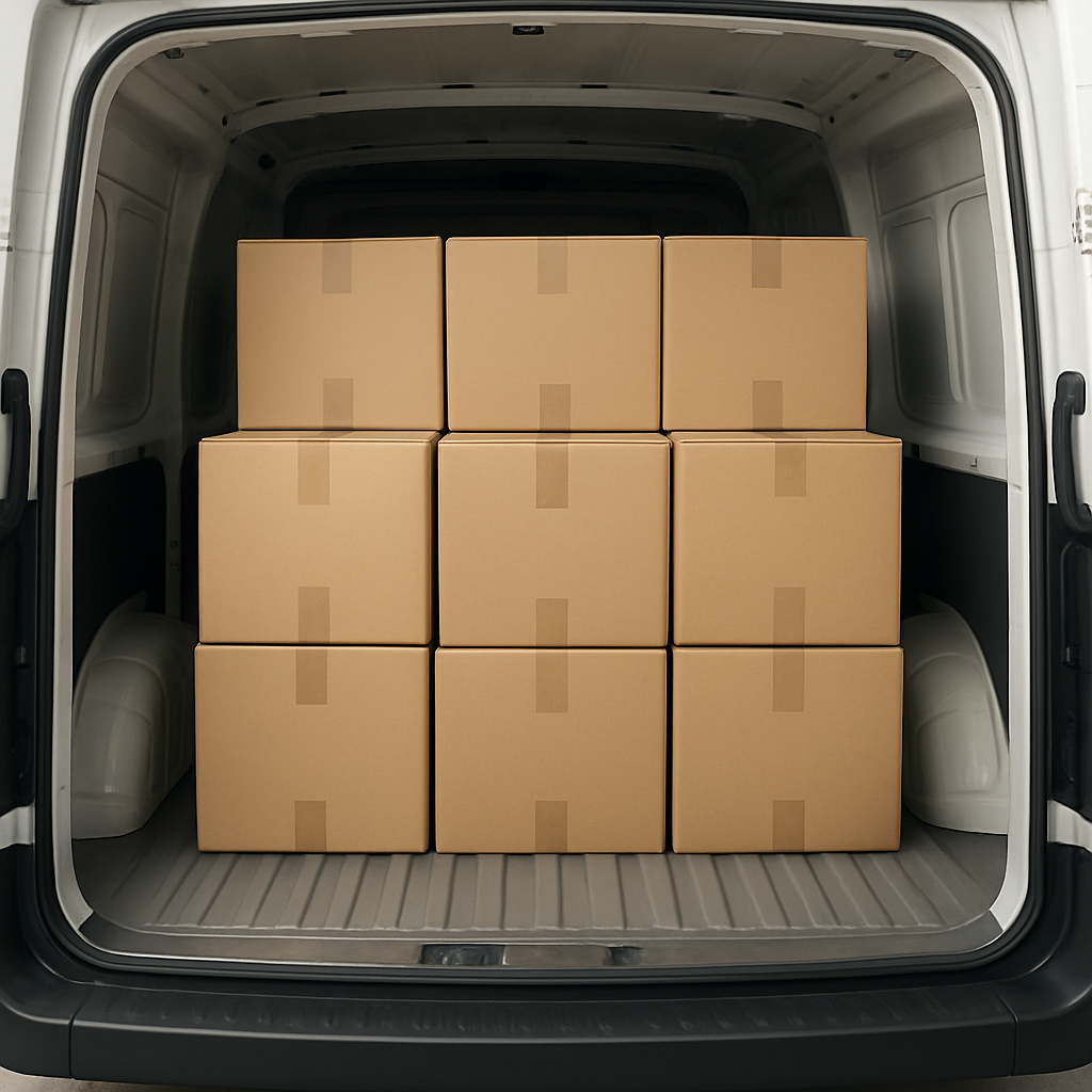 Stacked cardboard boxes inside a clean delivery van