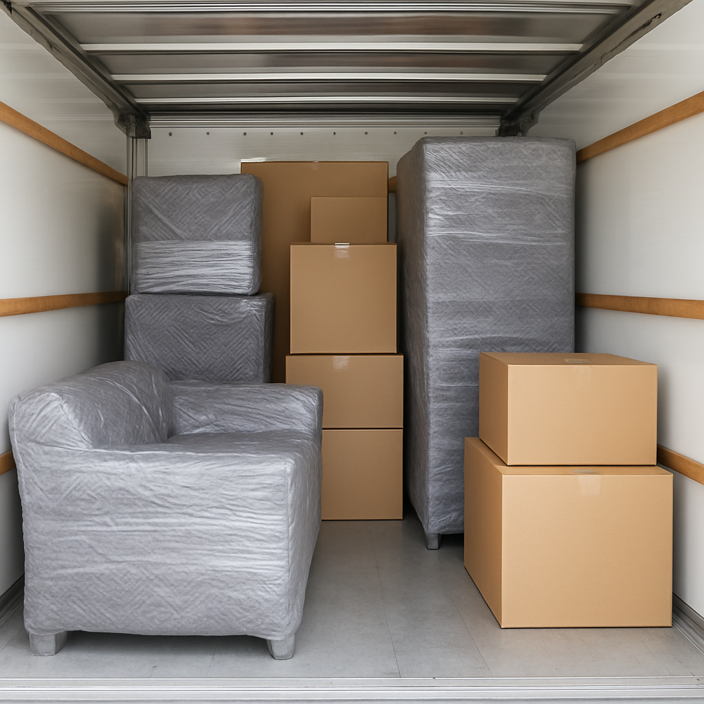 Wrapped furniture and moving boxes loaded in a removal truck